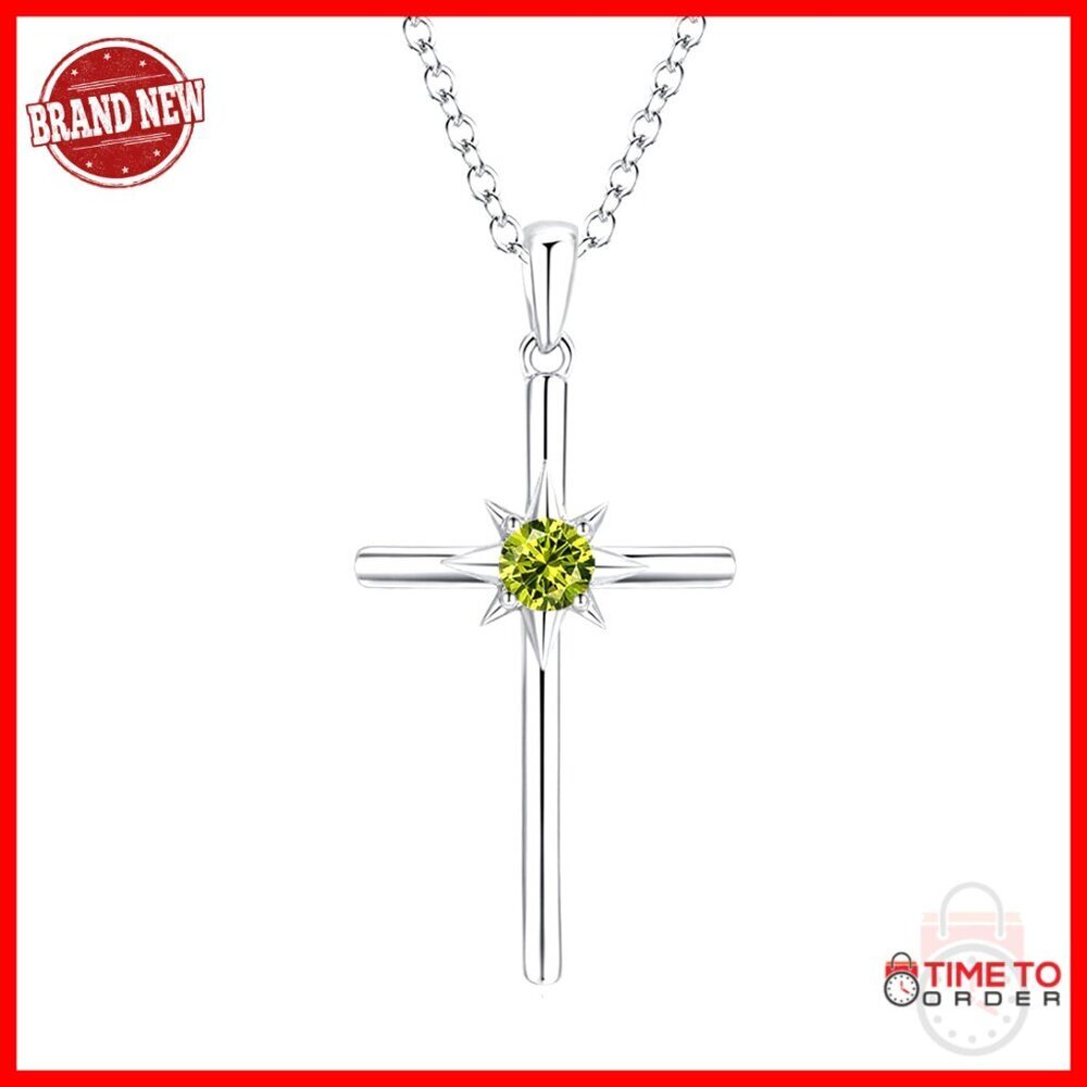 Sterling Silver Cross Pendant Necklace with Created Peridot, Adjustable Chain
